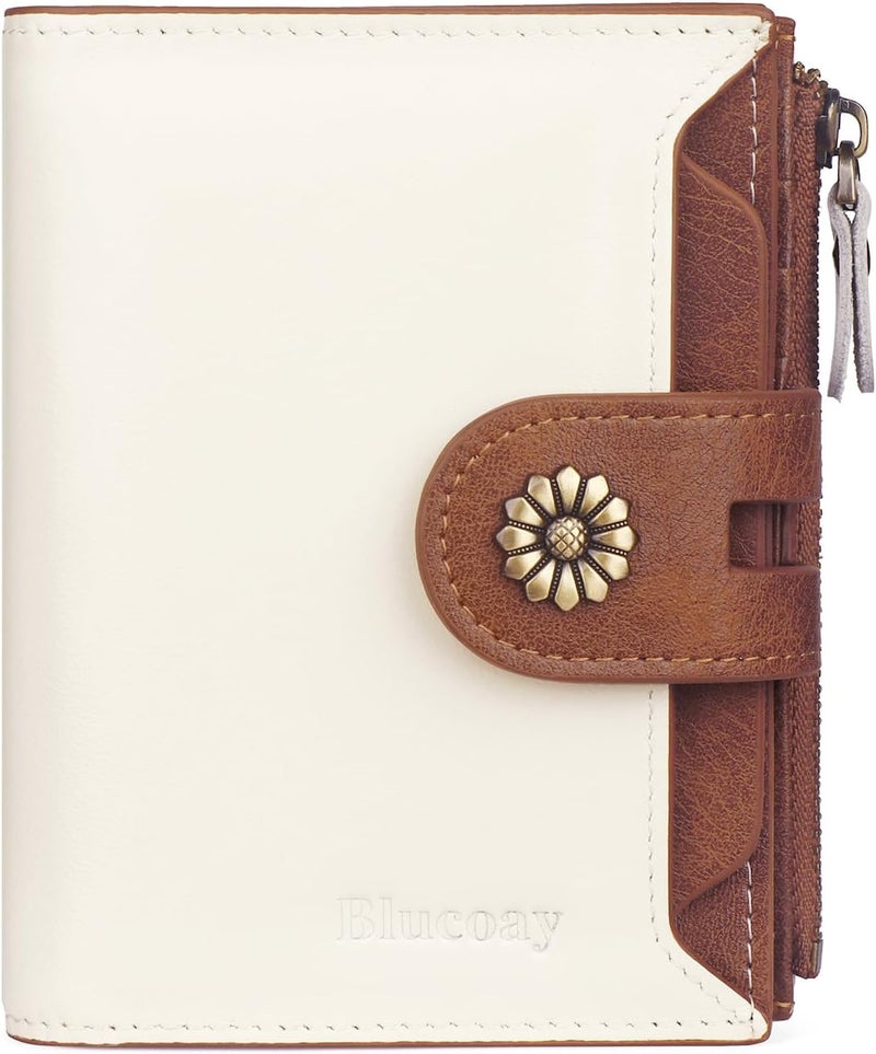 Blucoay Wallet Women,RFID Blocking Leather Womens Wallet Bifold Compact Card Holder Small Wallet for Women with Removable ID Window(Whitebrown) - Image 1